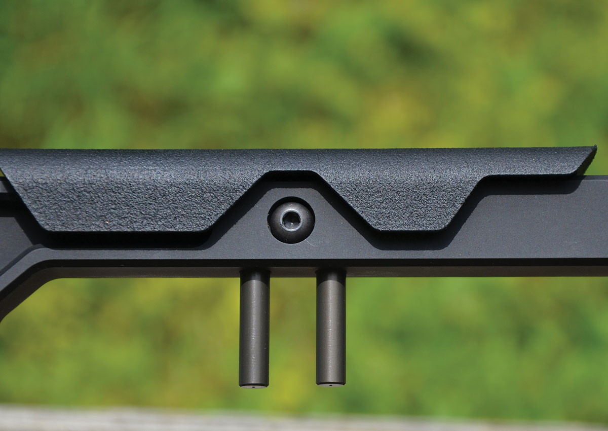 While the narrow check rest of the stock is height adjustable, Layne found it to be too high in its lowest position and compensated by using higher rings when mounting a Trijicon scope.